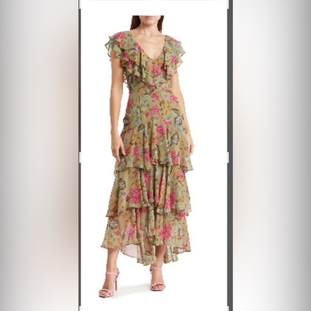WAYF Olive Green Floral Ruffle Tiered Maxi Dress V-Neck Size S 90850NRCH-HWQ